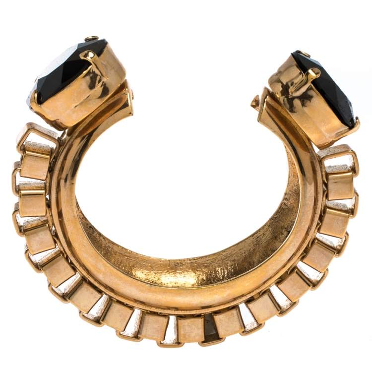 Pre Owned Mawi Black Crystal Gold Tone Open Cuff Chunky Statement Bracelet