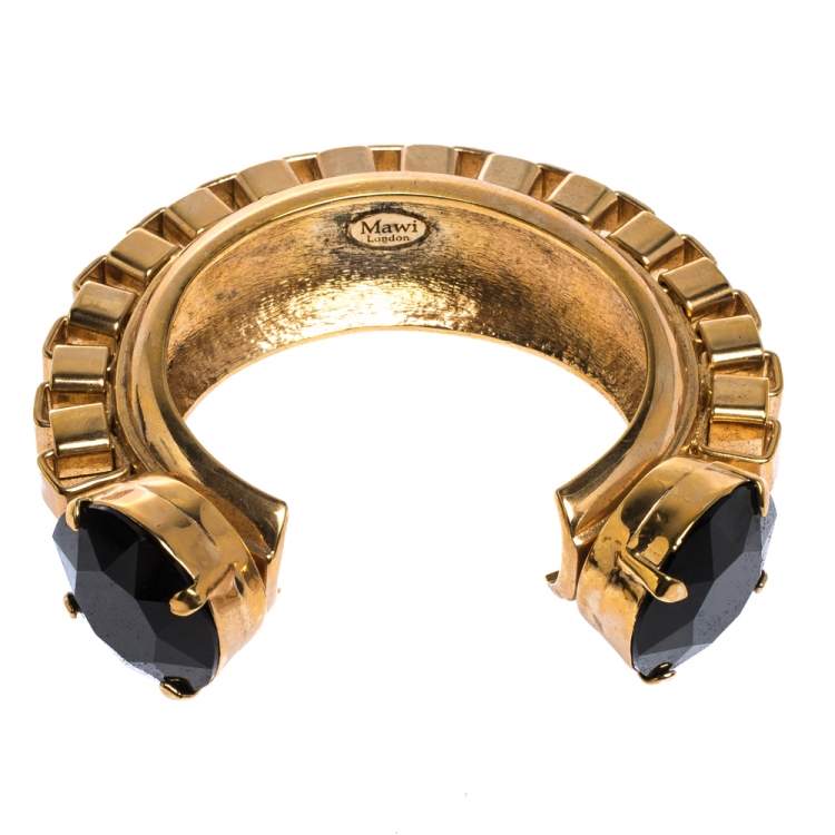 Pre Owned Mawi Black Crystal Gold Tone Open Cuff Chunky Statement Bracelet