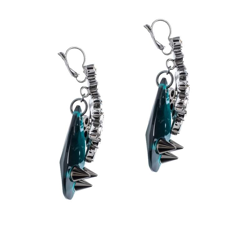 Pre Owned Mawi Crystal Embellished Spike Motif Black Tone Long Drop Earrings