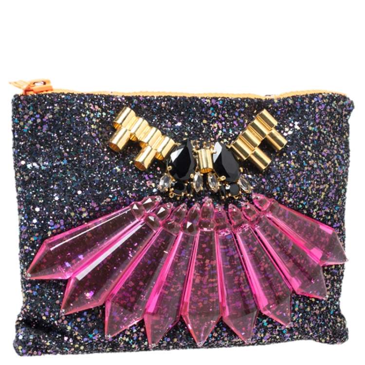 Pre Owned Mawi Multicolor Glitter with Acrylic Perspex Double Clutch