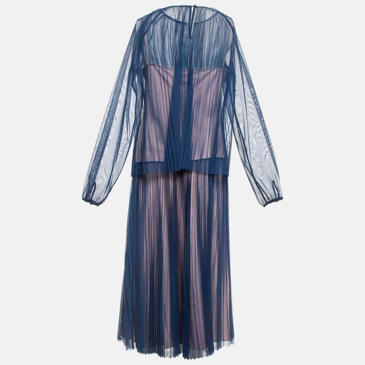 Pre Owned Max & Co. Blue Plisse Tulle Sheer Top and Skirt Set M