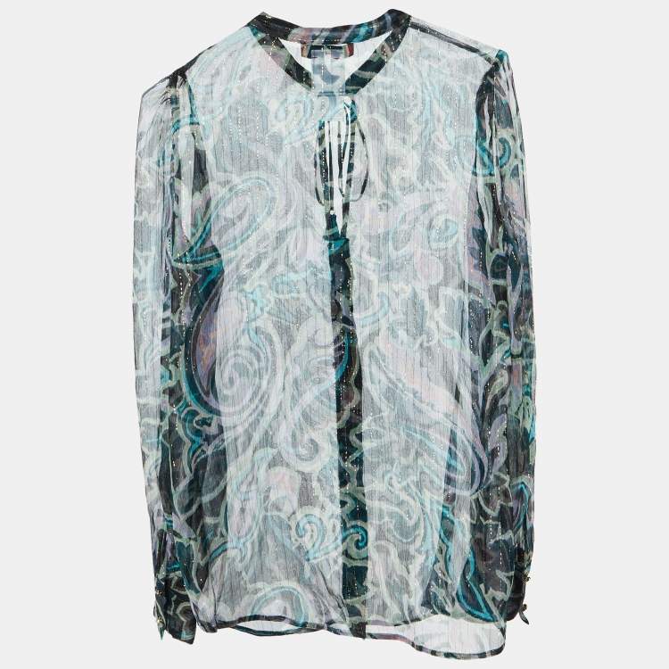 مملوكة مسبقًا Max & Co. Green Printed Lurex Silk Tie-Up Neck Detail Blouse S