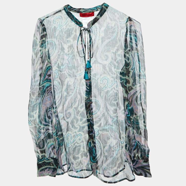 مملوكة مسبقًا Max & Co. Green Printed Lurex Silk Tie-Up Neck Detail Blouse S