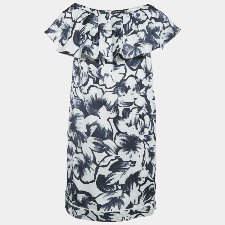 Pre Owned Max & Co. Navy Blue and White Floral Print Crepe Mini Dress M