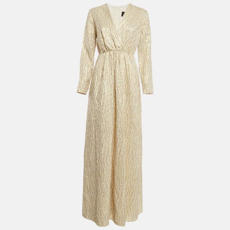 Pre Owned Max Mara Cream Brocade Fil-Coupe Zeda Maxi Dress S