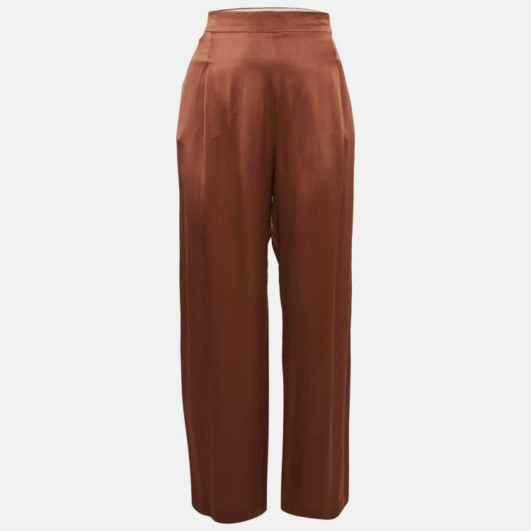 Pre Owned Max Mara Brown Satin Silk Flowing Envers Wide-Leg Trousers M