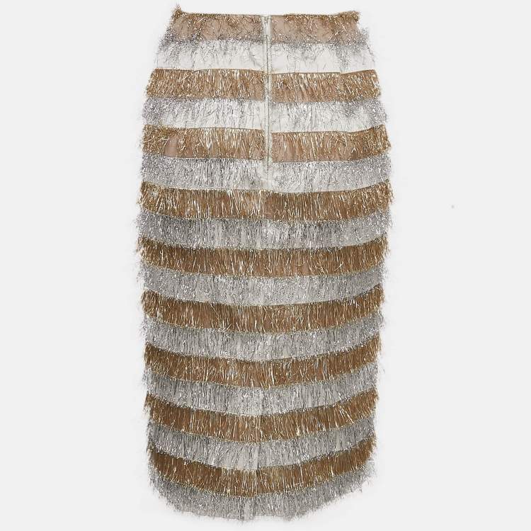 Pre Owned Max Mara Gold/Silver Metallic Fringed Crepe Gavetta Skirt S