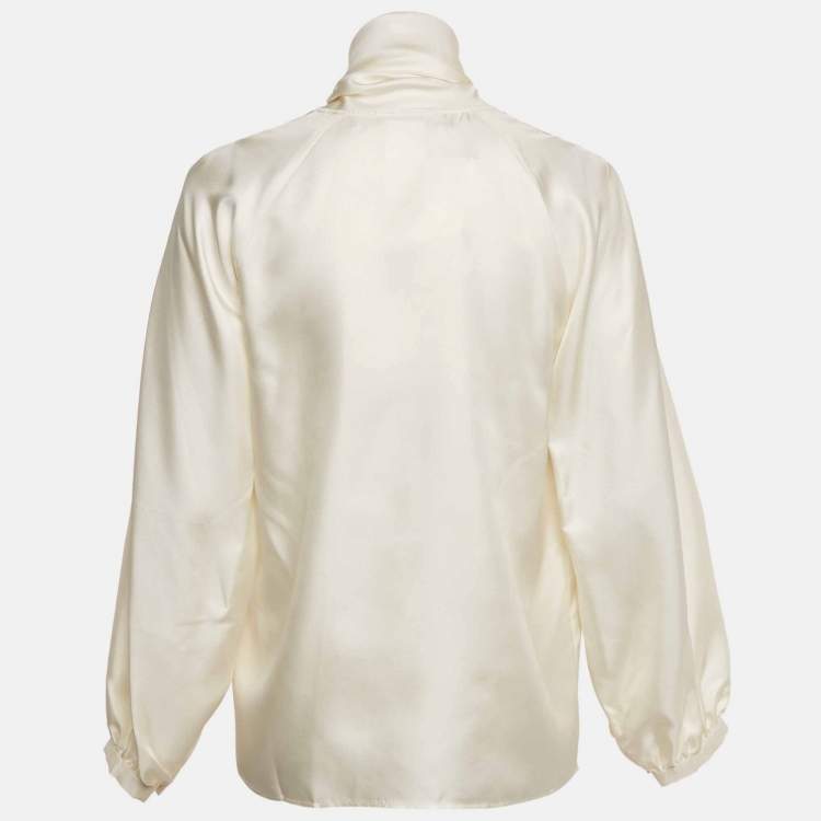 Pre Owned Max Mara Cream Silk Tie-Up Neck Blouse S