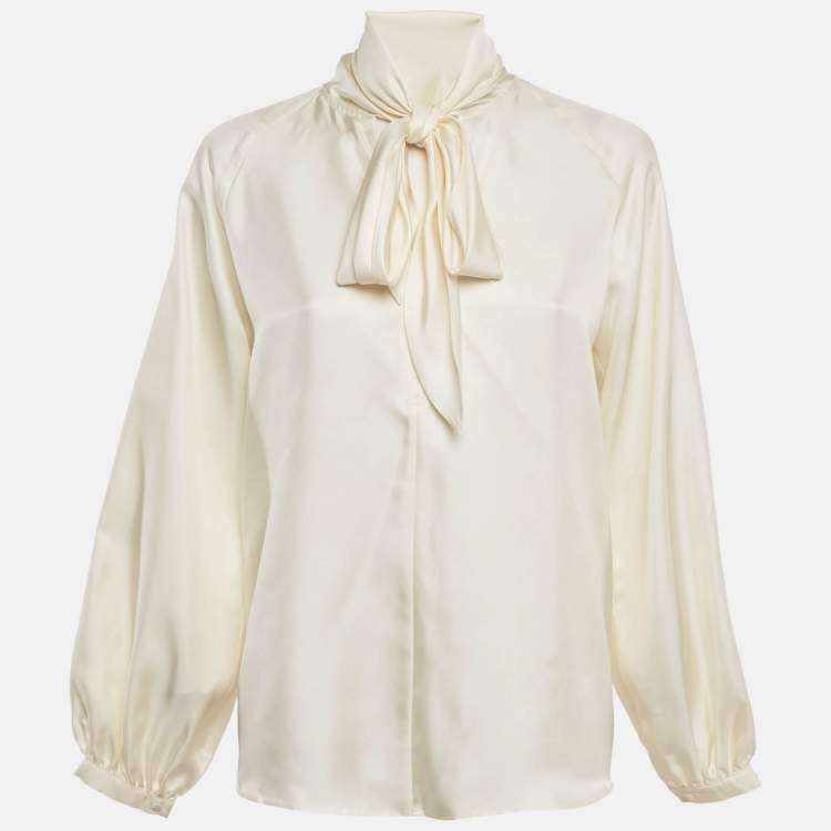 Pre Owned Max Mara Cream Silk Tie-Up Neck Blouse S