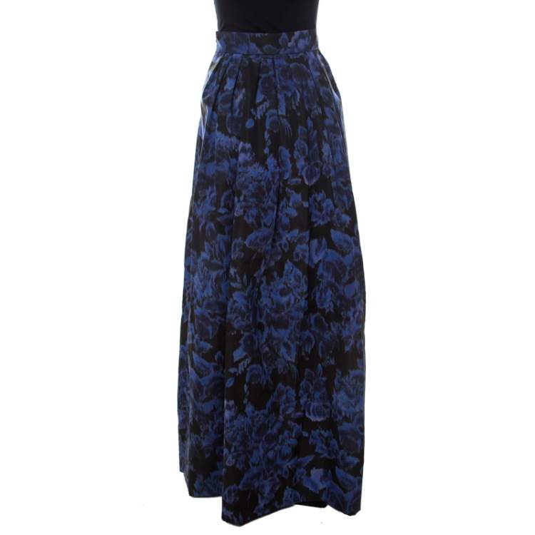 Pre Owned Max Mara Blue Printed Silk Maxi Skirt S