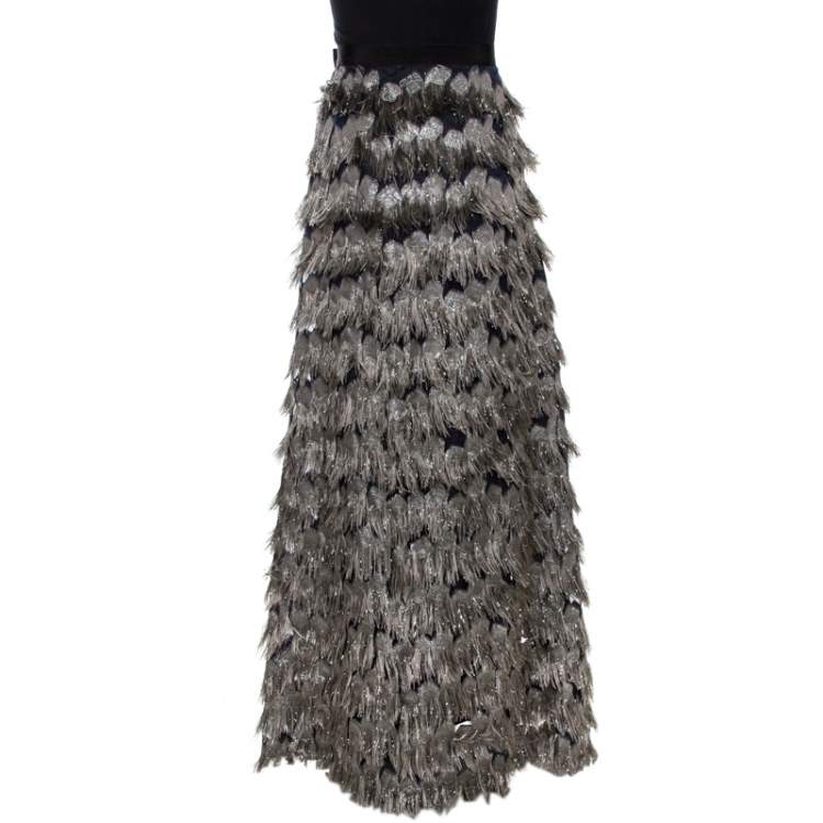 Pre Owned Max Mara Grey Metallic Jacquard Tinsel Fringed Maxi Skirt M