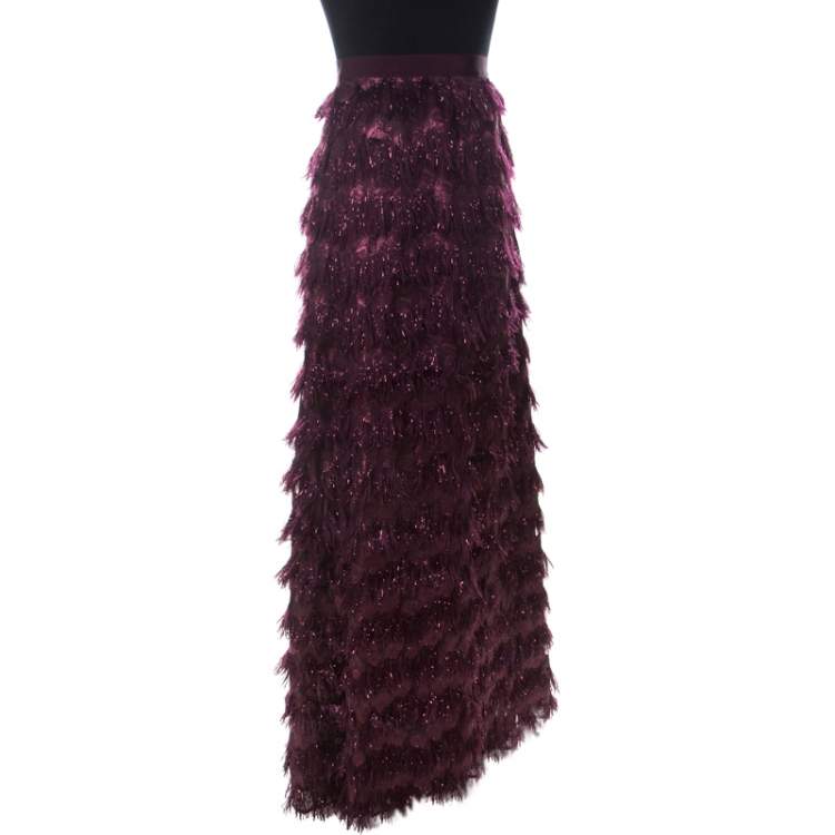 Pre Owned Max Mara Burgundy Metallic Jacquard Tinsel Fringed Maxi Skirt M