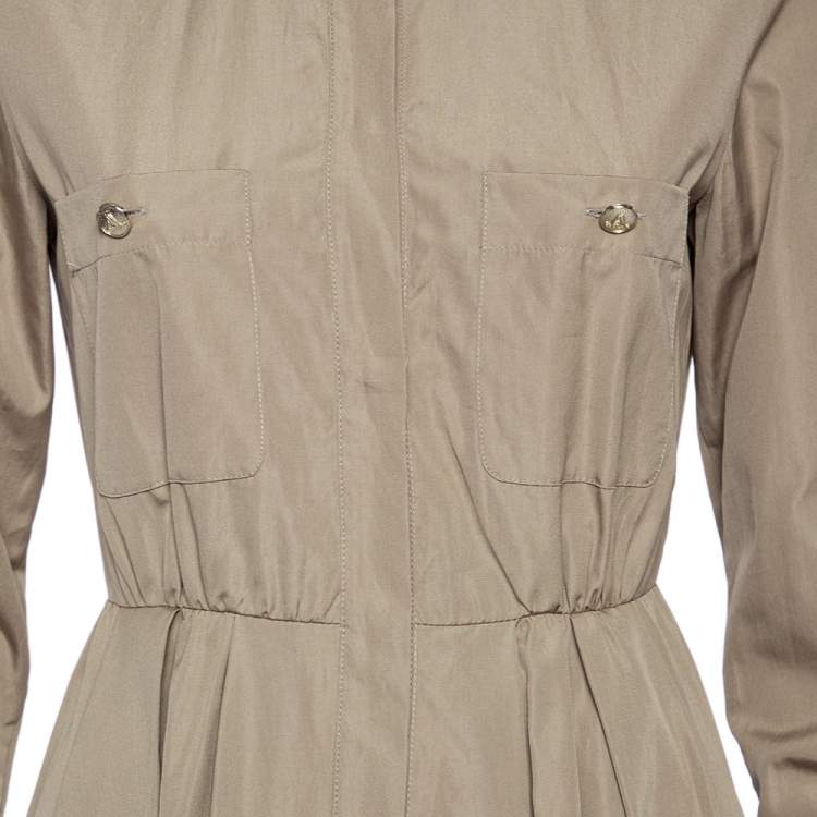 Pre Owned Max Mara Khaki Brown Cotton Button Front Pleated Shirt Dress S