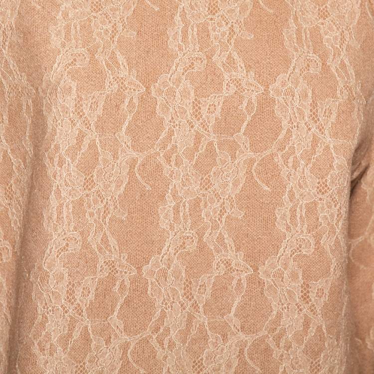 Pre Owned Max Mara Camel Brown Wool Floral Lace Raglan Sleeve Liriche Top S