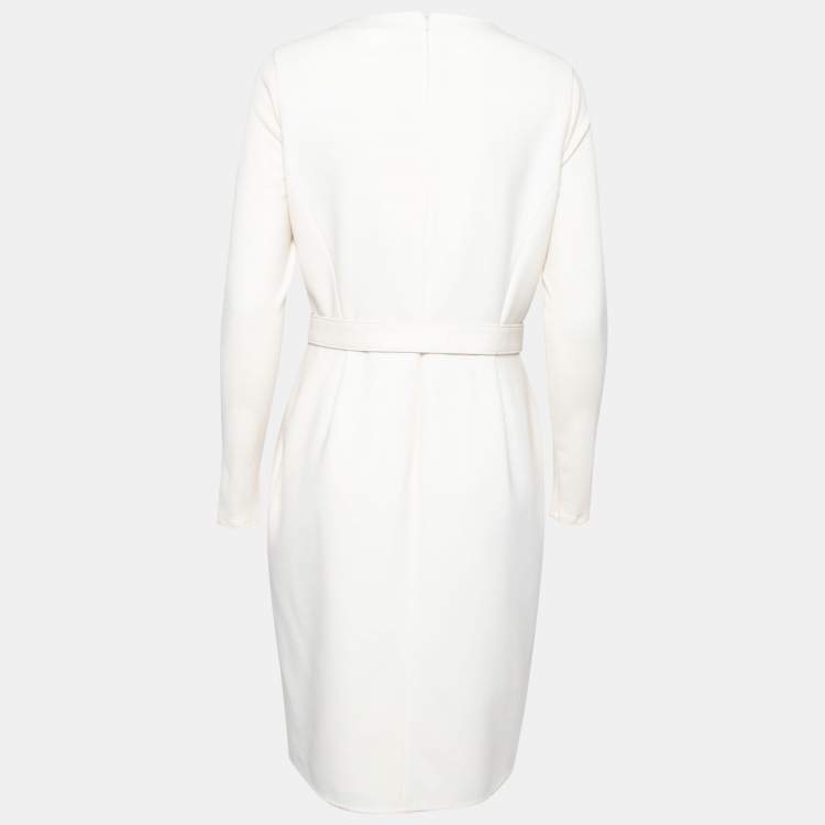 Pre Owned Max Mara Cream Wool Pleat Detailed Belted Shift Dress L