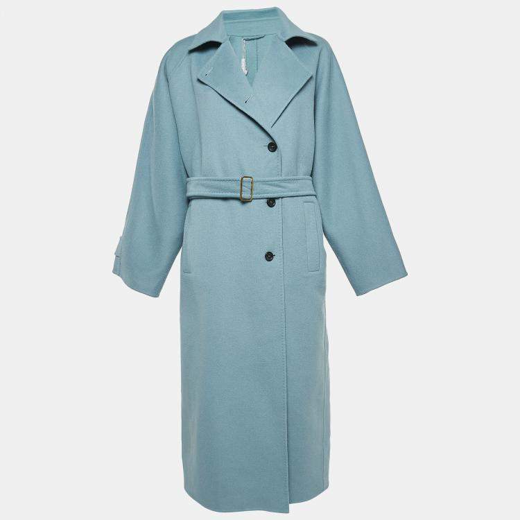 Pre Owned Max Mara Blue Wool Single Breasted Belted Trench Coat L