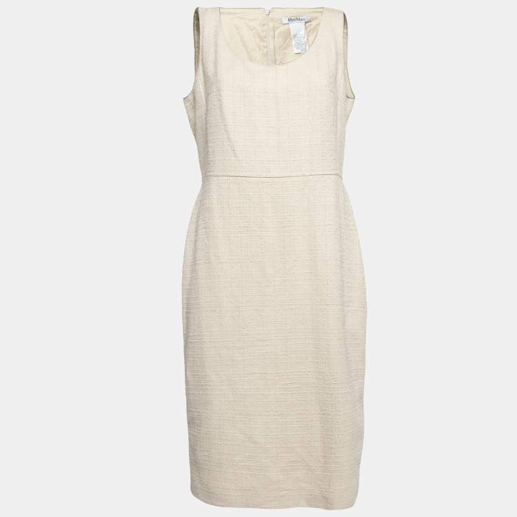 Pre Owned Max Mara Cream Tweed Sleeveless Sheath Dress L