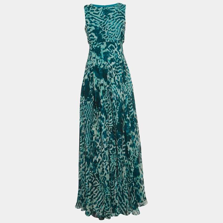 Pre Owned Max Mara Green Animal Printed Silk Sleeveless Maxi Dress S