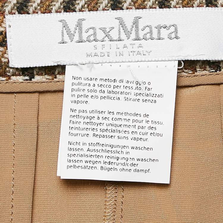 Pre Owned Max Mara Sfilata Brown Houndstooth Wool and Silk Leather Trim Midi Skirt M