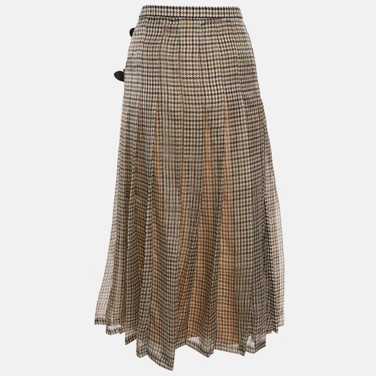 Pre Owned Max Mara Sfilata Brown Houndstooth Wool and Silk Leather Trim Midi Skirt M