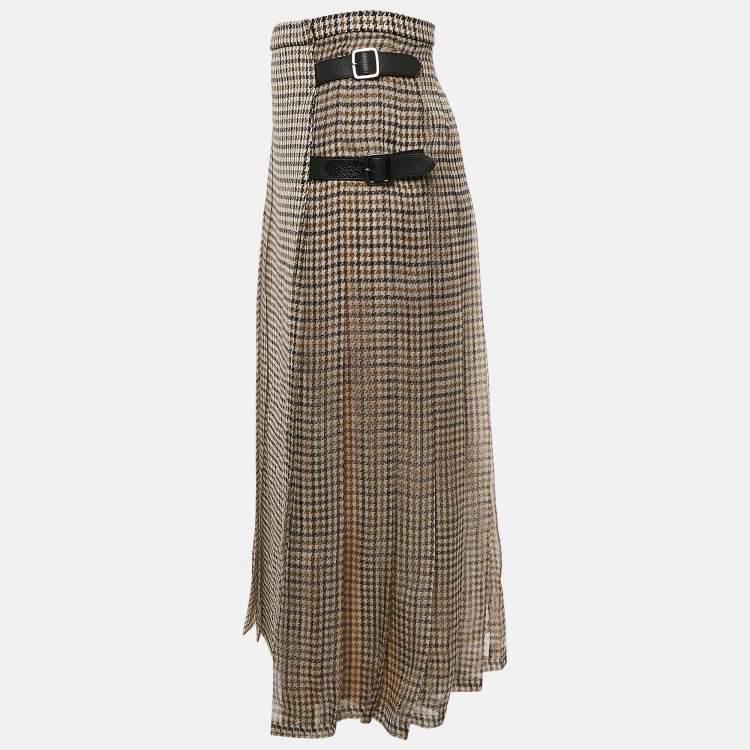 Pre Owned Max Mara Sfilata Brown Houndstooth Wool and Silk Leather Trim Midi Skirt M
