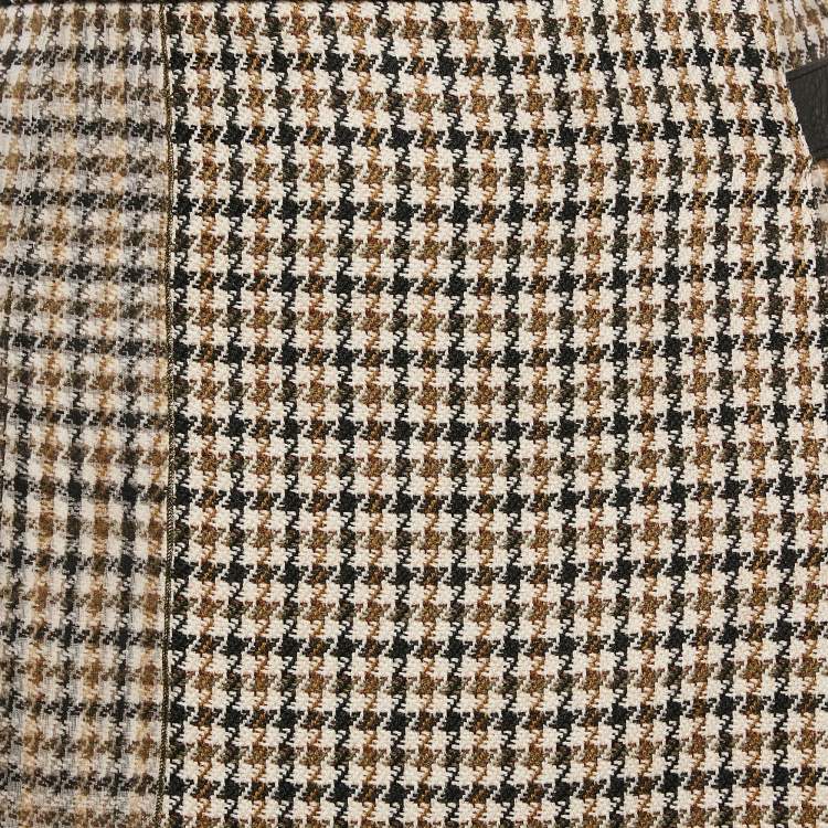 Pre Owned Max Mara Sfilata Brown Houndstooth Wool and Silk Leather Trim Midi Skirt M