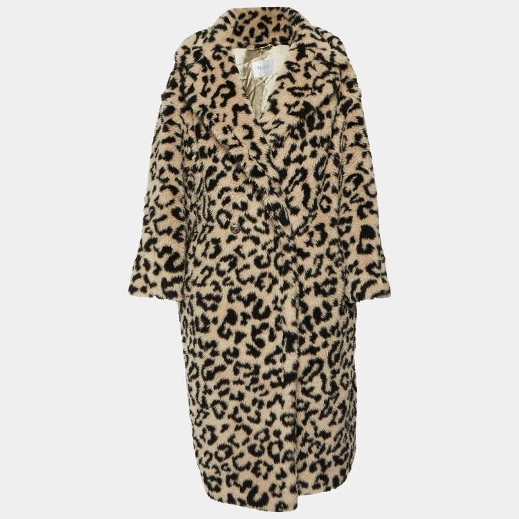 Pre Owned Max Mara Pale Beige Leopard Print Alpaca Wool Teddy Bear Coat L