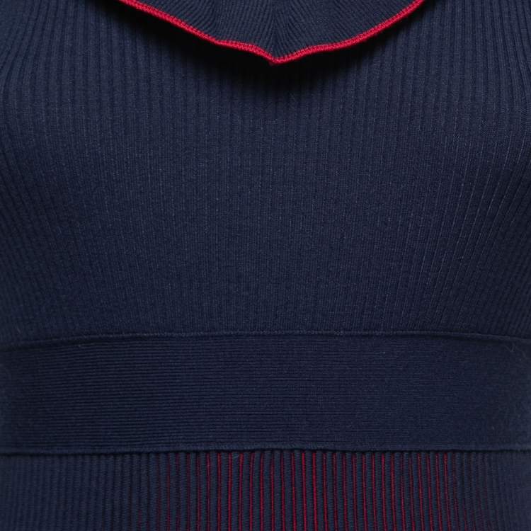 مملوكة مسبقًا Max Mara Shine Navy Blue & Red Knit Ruffled Flared Dress M