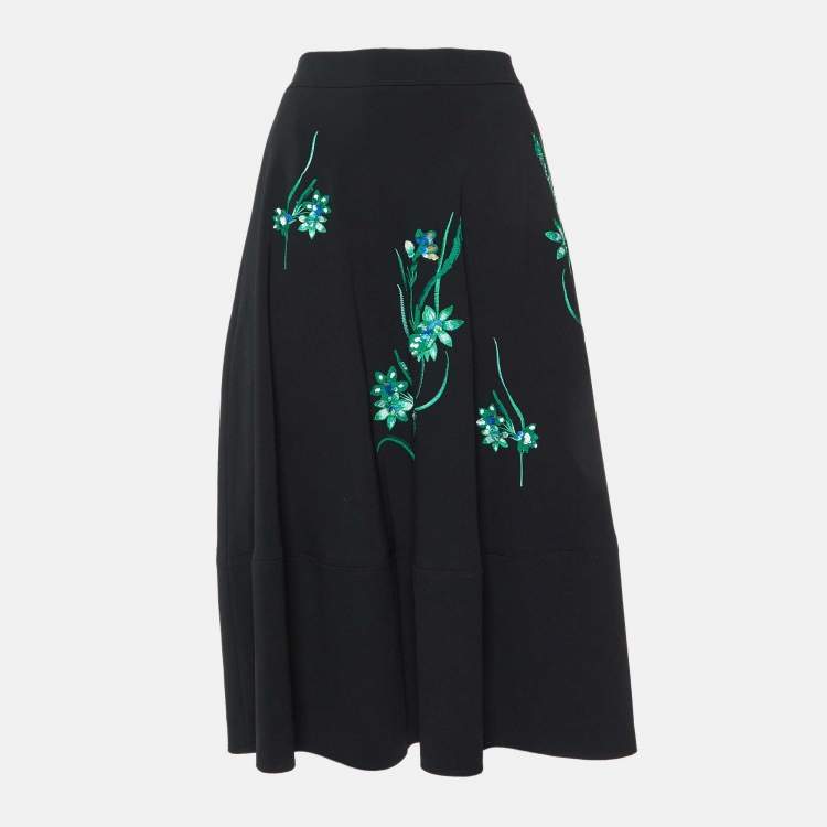Pre Owned Max Mara Studio Black Crepe Floral Embellished Midi Skirt M