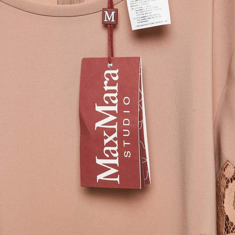 Pre Owned Max Mara Studio Dark Beige Crepe Lace Trimmed Top L