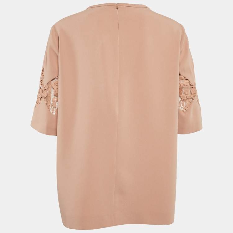 Pre Owned Max Mara Studio Dark Beige Crepe Lace Trimmed Top L