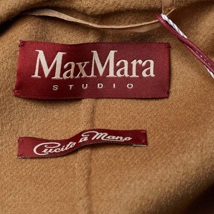 Pre Owned Max Mara Studio Cream Checked Wool Open Front Hooded Belted Coat S