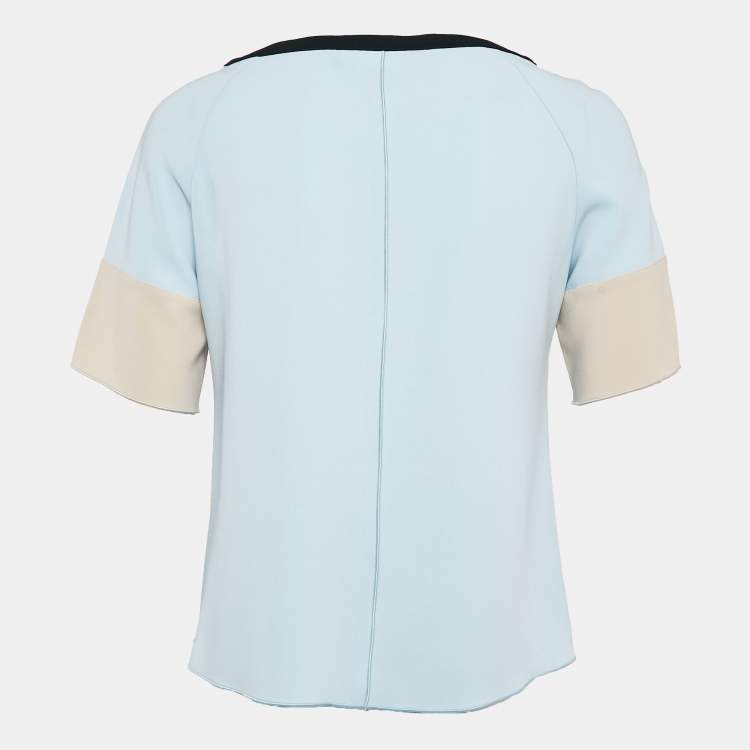 Pre Owned Max Mara Studio Blue Contrast Trim Crepe Short Sleeve Blouse M
