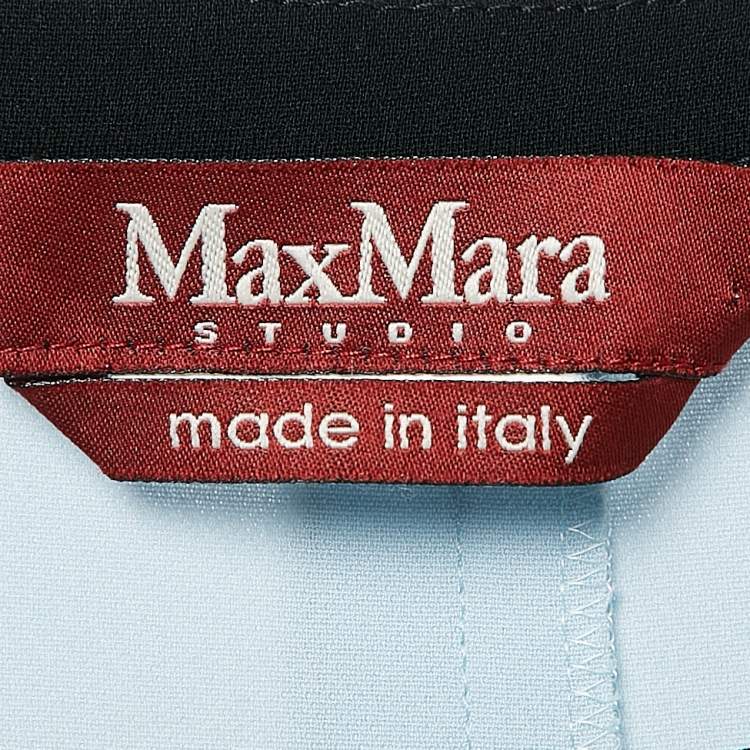 Pre Owned Max Mara Studio Blue Contrast Trim Crepe Short Sleeve Blouse M