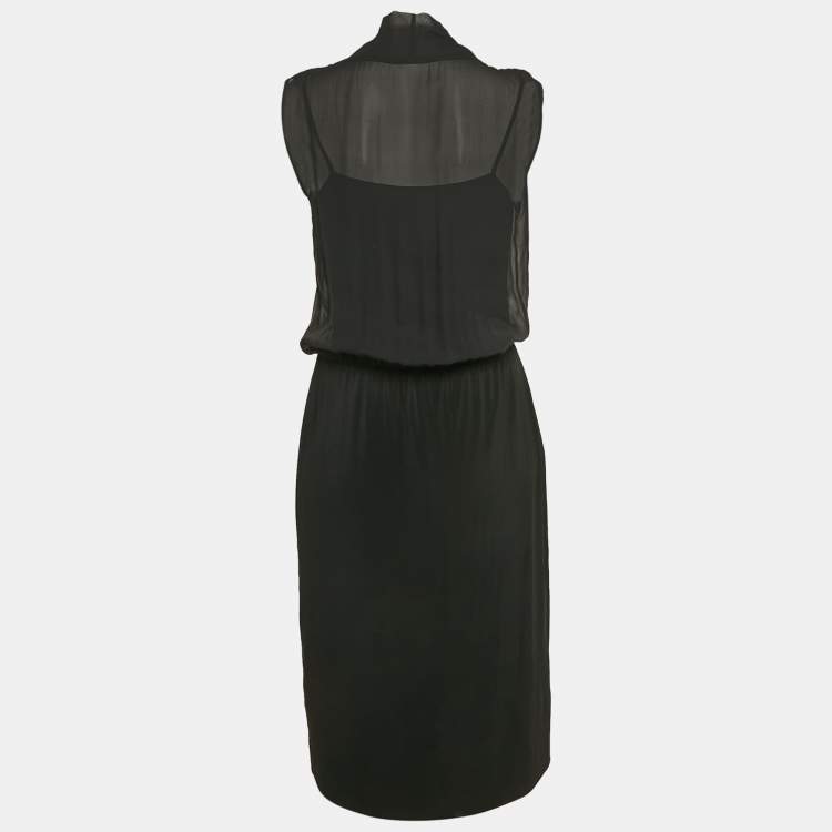 Pre Owned Max Mara Studio Black Silk and Jersey Ruffled Detail Midi Dress M