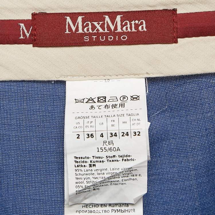 Pre Owned Max Mara Studio Blue Wool Straight Fit Trousers XS/Waist 27.5"