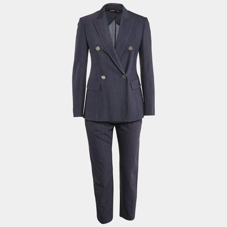 Pre Owned Max Mara Studio Blue Cotton Double Breasted Pants Suit S