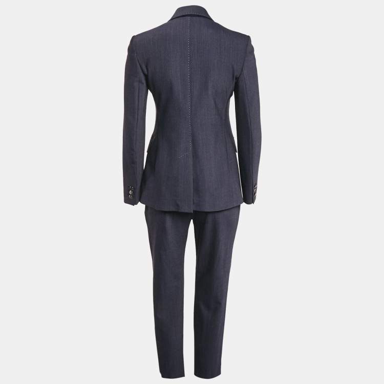 Pre Owned Max Mara Studio Blue Cotton Double Breasted Pants Suit S