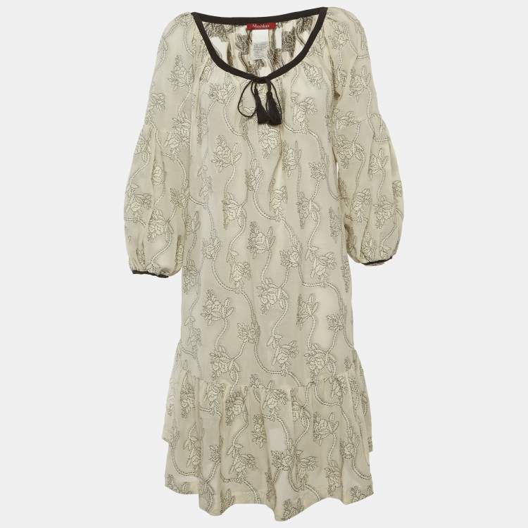 Pre Owned Max Mara Studio Off-White Floral Pattern Cotton Blend Ruffle Midi Dress L