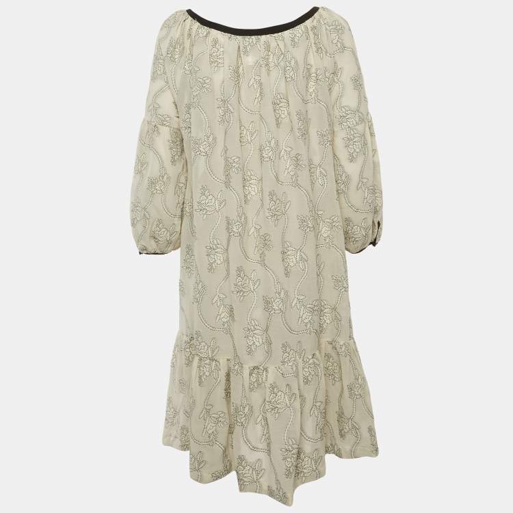 Pre Owned Max Mara Studio Off-White Floral Pattern Cotton Blend Ruffle Midi Dress L