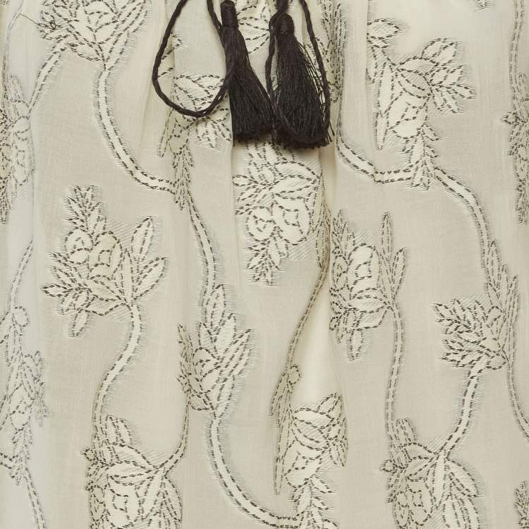 Pre Owned Max Mara Studio Off-White Floral Pattern Cotton Blend Ruffle Midi Dress L