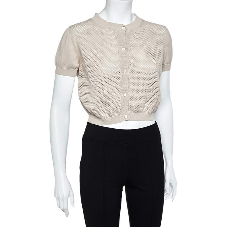 Pre Owned Max Mara Studio Beige Perforated Cotton Knit Cropped Cardigan L