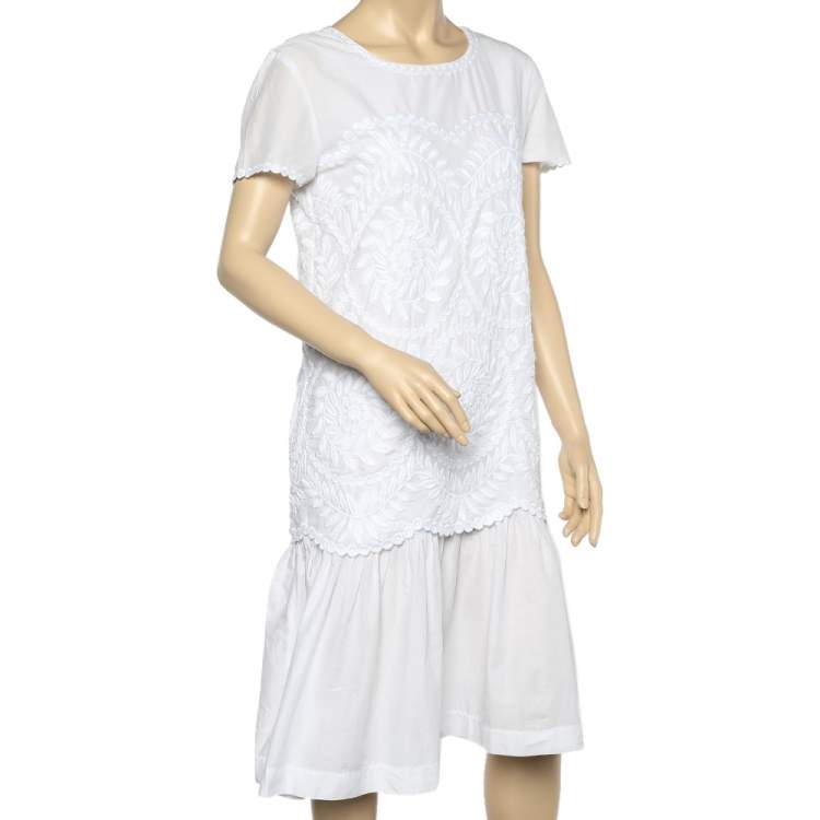 Pre Owned Max Mara Studio White Embroidered Cotton Layered Midi Dress M