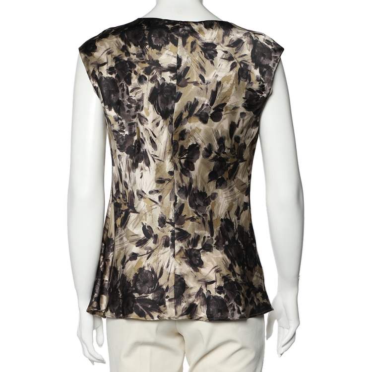 Pre Owned Max Mara Studio Brown Floral Printed Silk Draped Sleeveless Top S