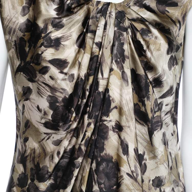 Pre Owned Max Mara Studio Brown Floral Printed Silk Draped Sleeveless Top S