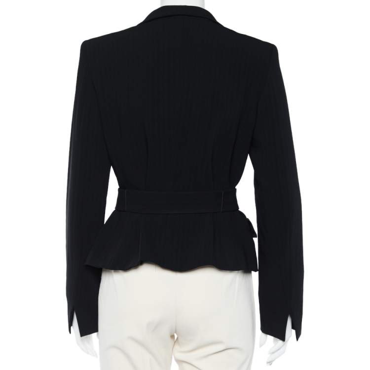 Pre Owned Max Mara Black Striped Crepe Belted Button Front Blazer M