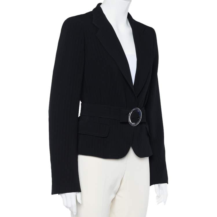 Pre Owned Max Mara Black Striped Crepe Belted Button Front Blazer M