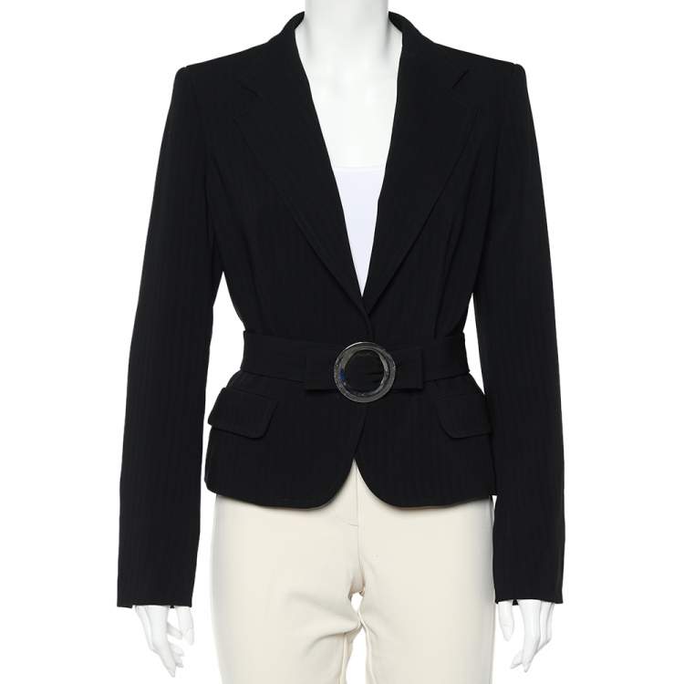 Pre Owned Max Mara Black Striped Crepe Belted Button Front Blazer M