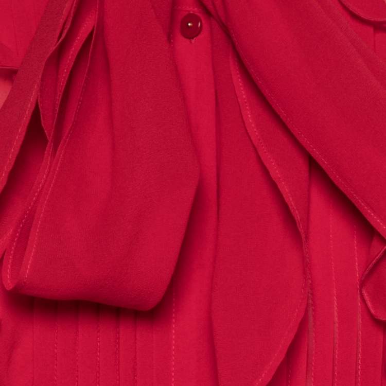 Pre Owned Max Mara Studio Red Silk Chiffon Ruffle Trimmed Blouse L