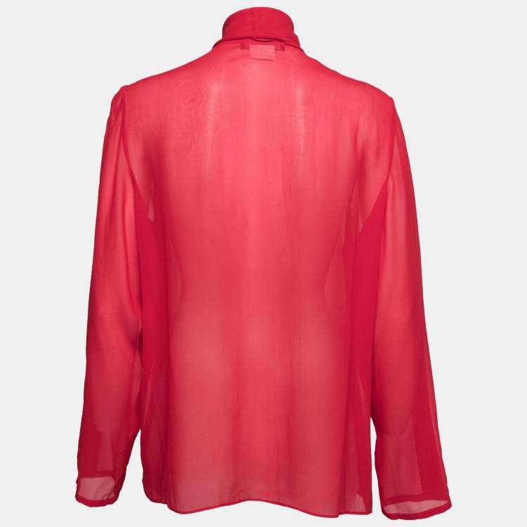 Pre Owned Max Mara Studio Red Silk Chiffon Ruffle Trimmed Blouse L